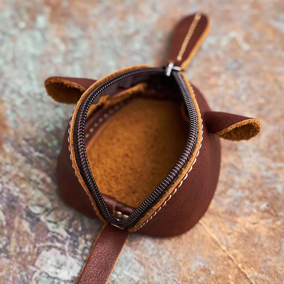 cute retro genuine brown leather rat shaped coin purse