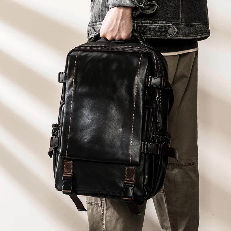 black genuine leather backpack laptop bag