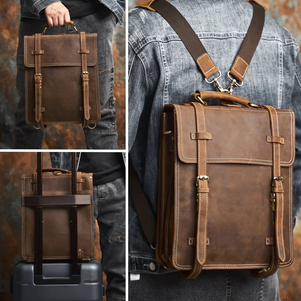 brown classy genuine leather backpack for men