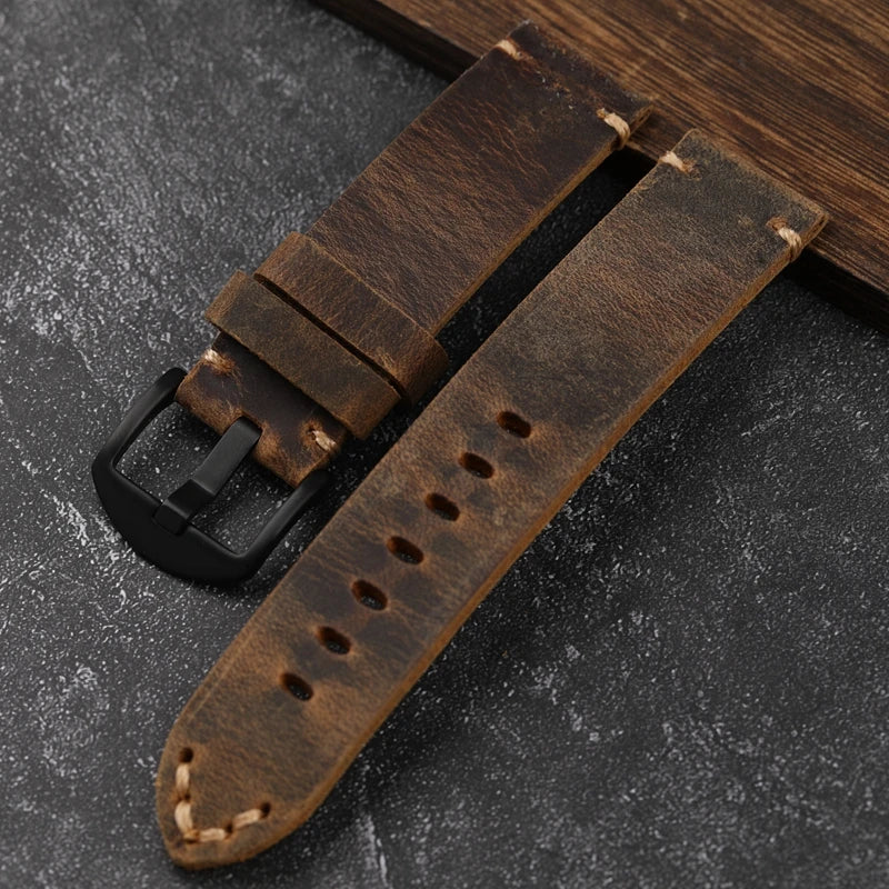 brown genuine leather watch strap accessory with black clasp