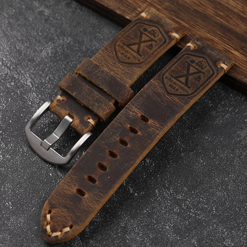 brown genuine leather watch strap accessory with silver clasp with engravings