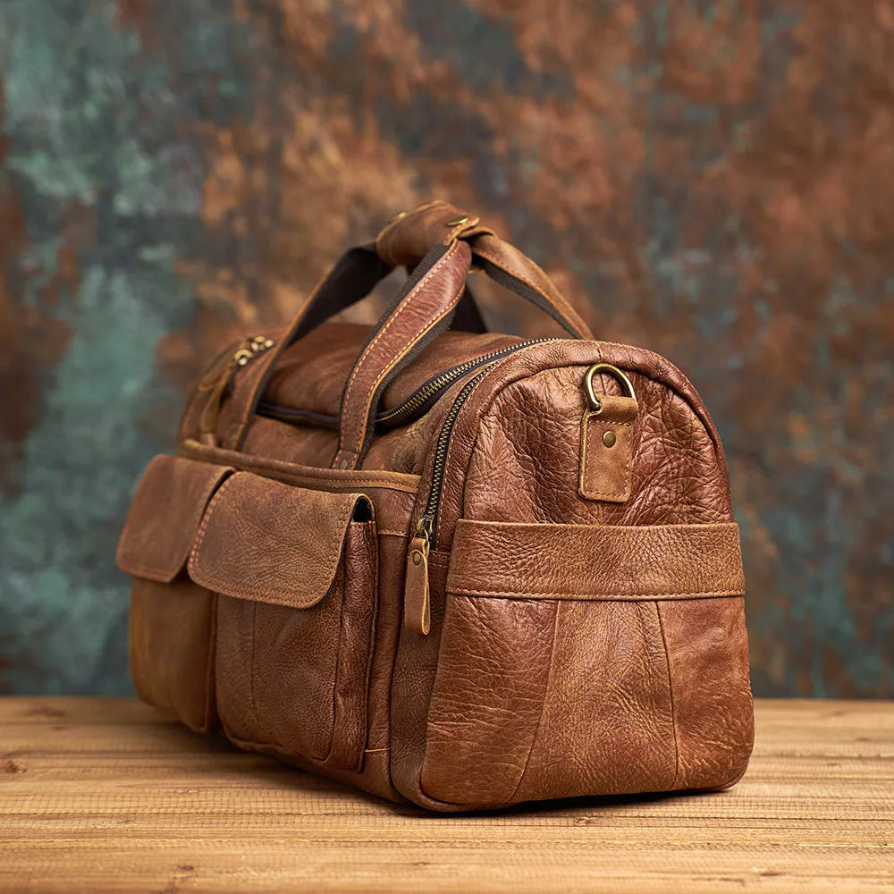 brown genuine leather duffle bag