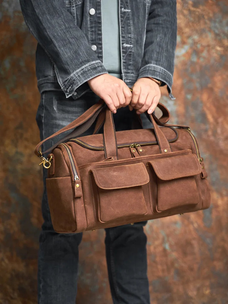 men genuine leather brown duffle bag travel bag