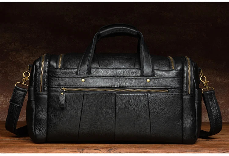 black genuine leather men duffle bag