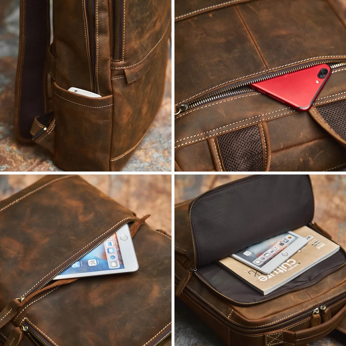 brown genuine leather office laptop backpack