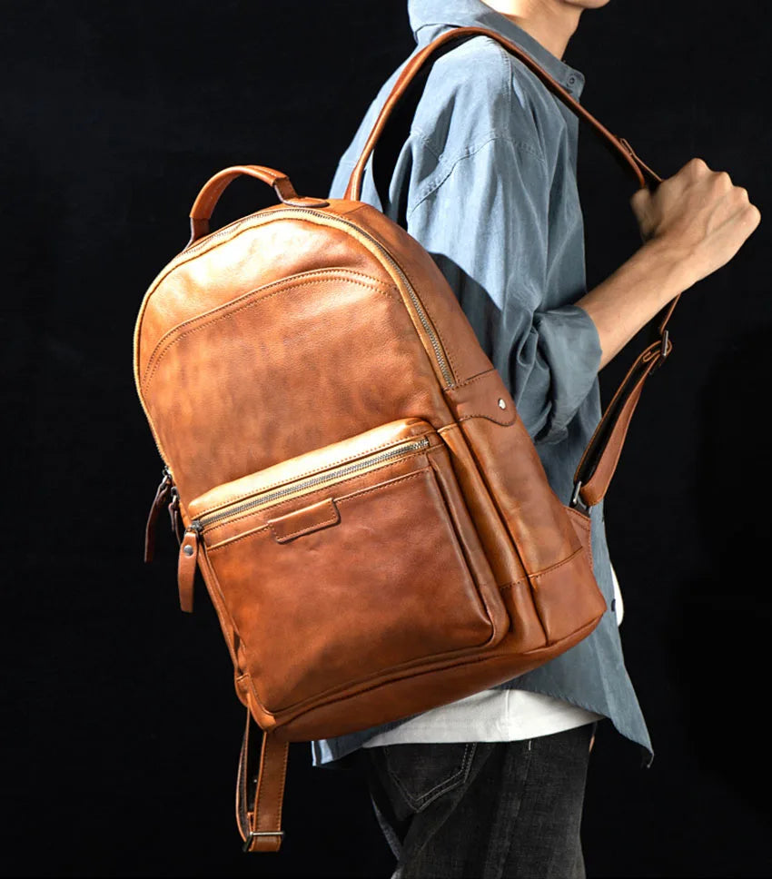 men brown genuine leather backpack