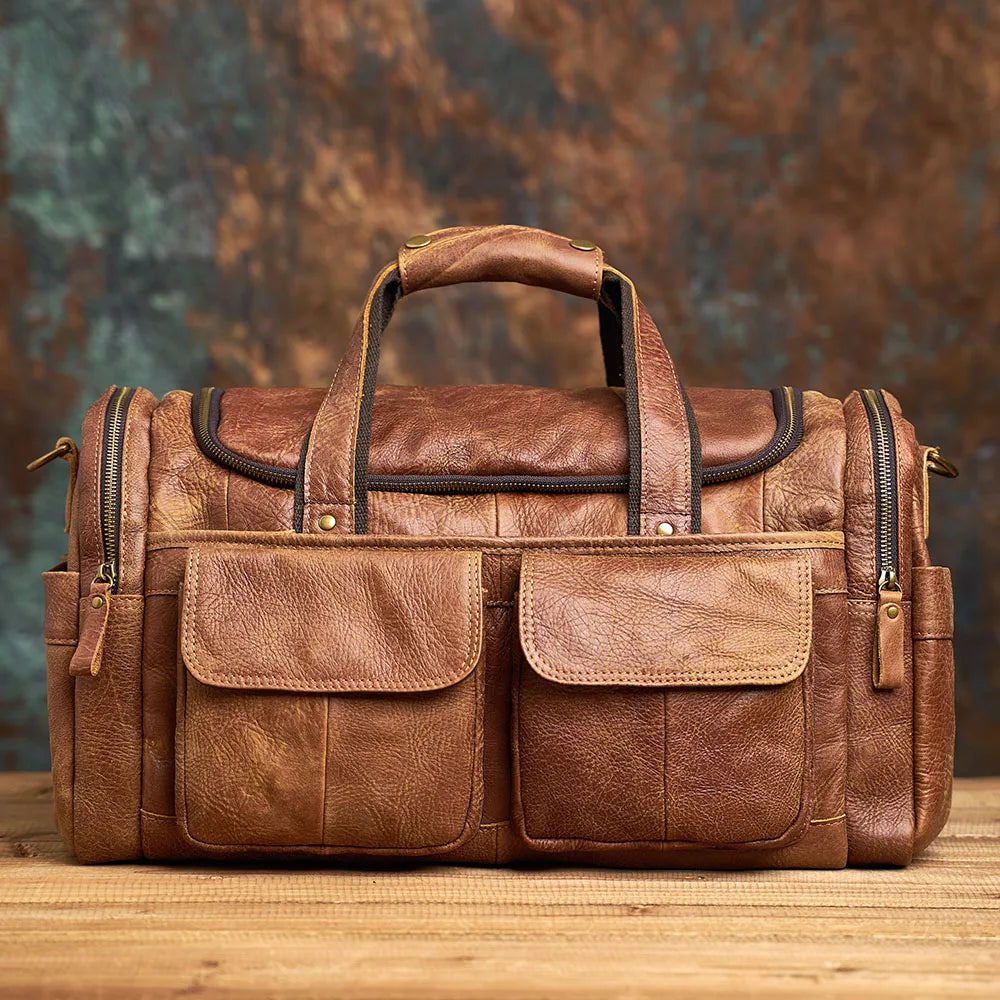 brown genuine leather duffle bag