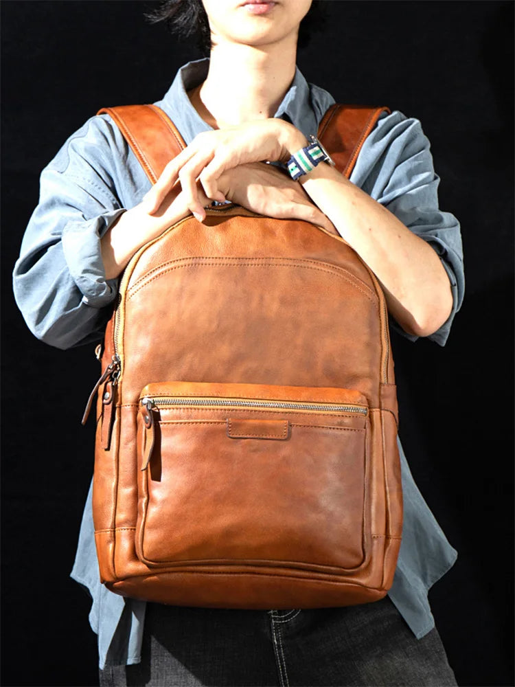 men brown genuine leather backpack