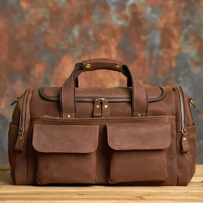 men genuine leather brown duffle bag travel bag weekend bag