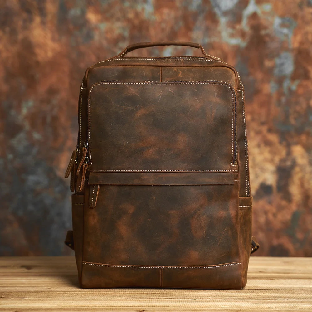 Retro Genuine Leather Travel Backpack - Laptop Bag