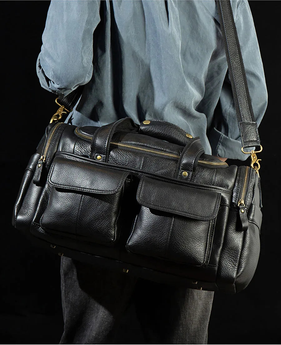 black genuine leather men weekend bag