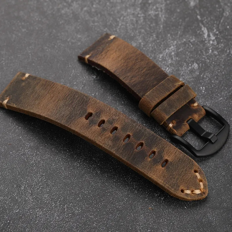 brown genuine leather watch strap accessory with black clasp