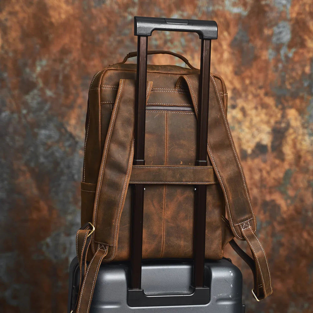 brown genuine leather office laptop backpack