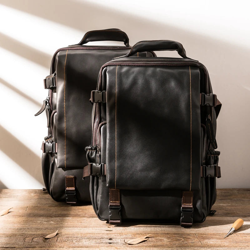 black genuine leather backpack laptop bag