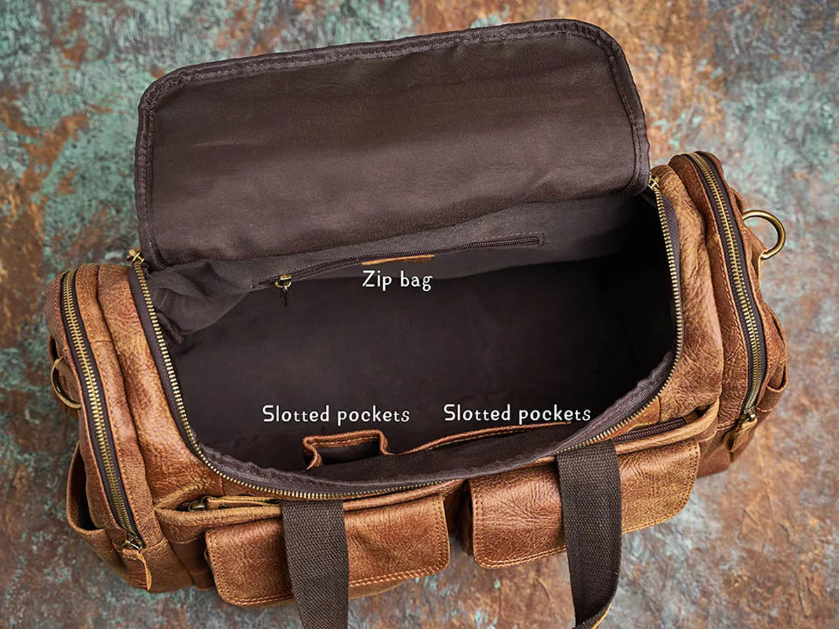 brown genuine leather duffle bag with huge storage space