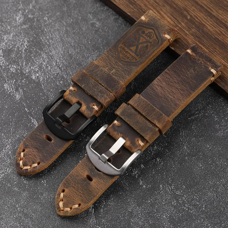 brown genuine leather watch strap accessory with silver and black clasp