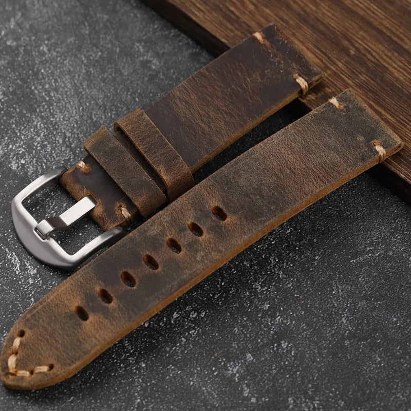 brown genuine leather watch strap accessory with silver clasp