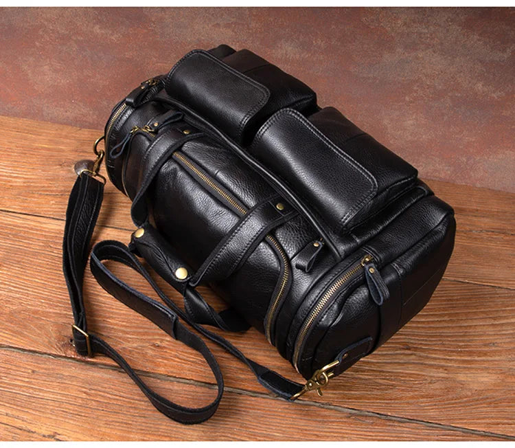 black genuine leather men weekend bag