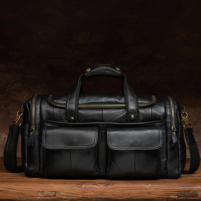 leather travel bag opening into two equal parts