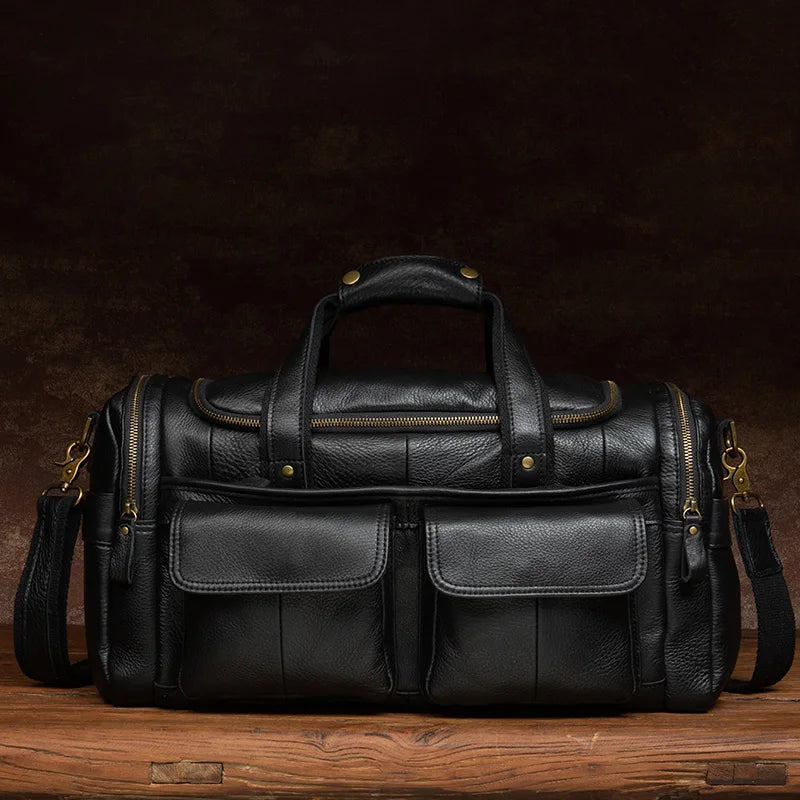 black genuine leather men duffle bag