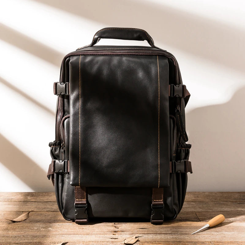 black genuine leather backpack laptop bag