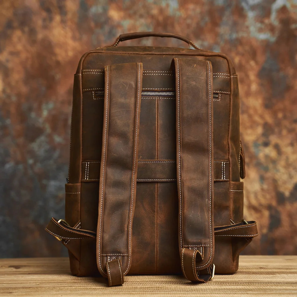 brown genuine leather office laptop backpack