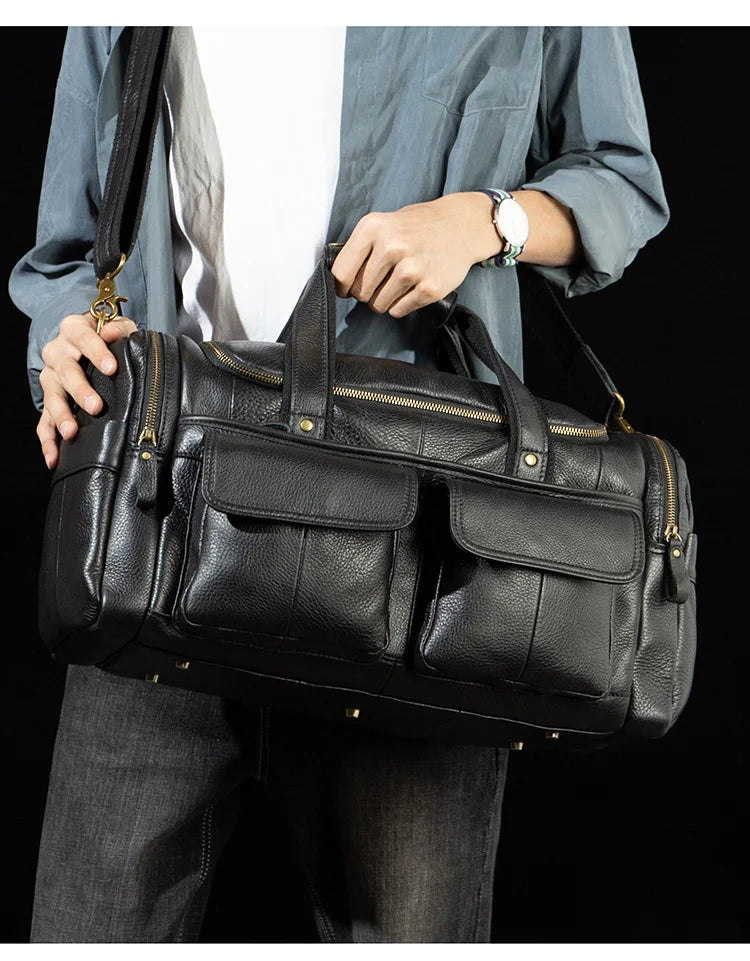 black genuine leather men duffle bag