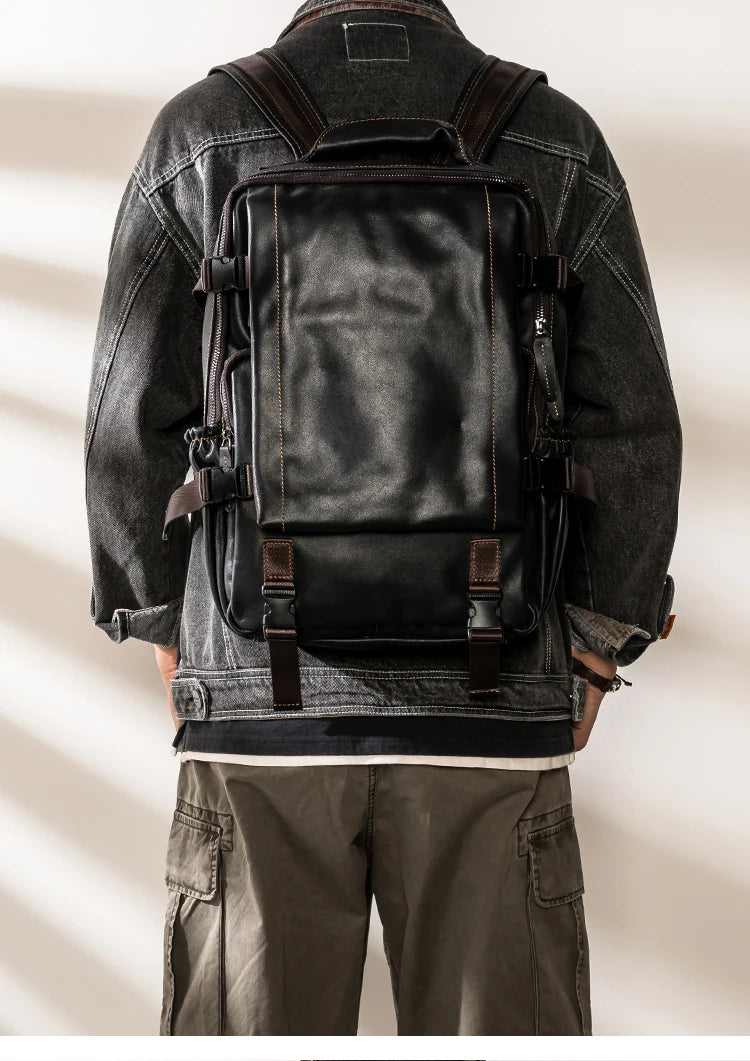 black genuine leather backpack laptop bag