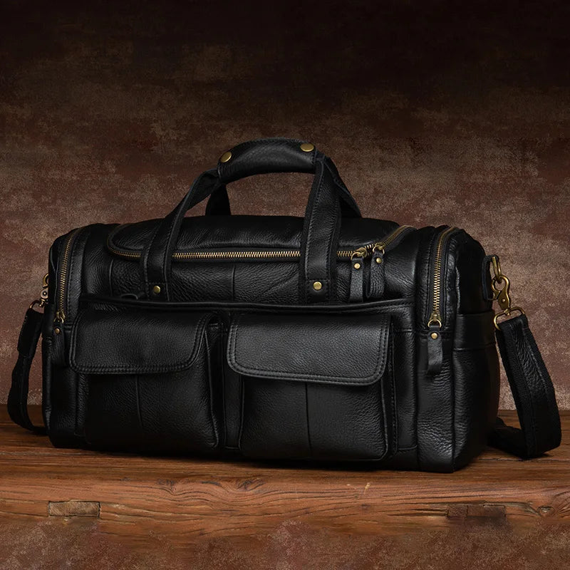 black genuine leather men duffle bag