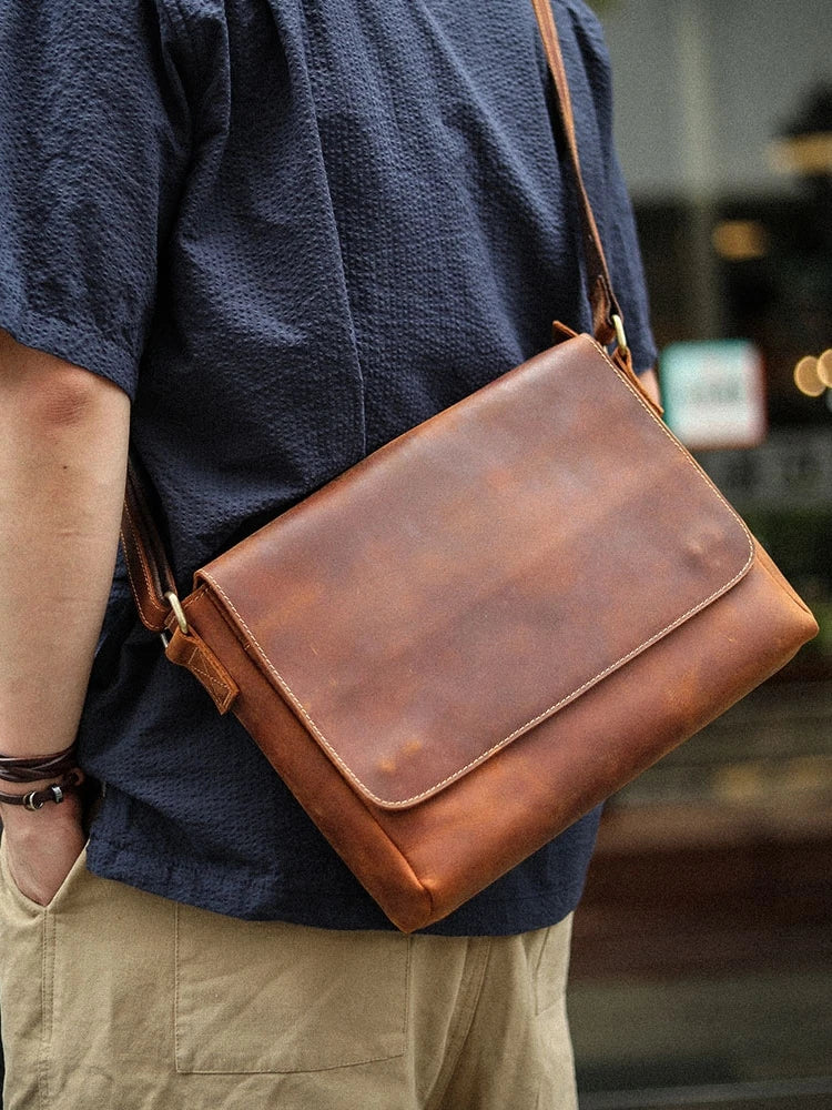 men minimalist genuine leather brown cross body shoulder bag