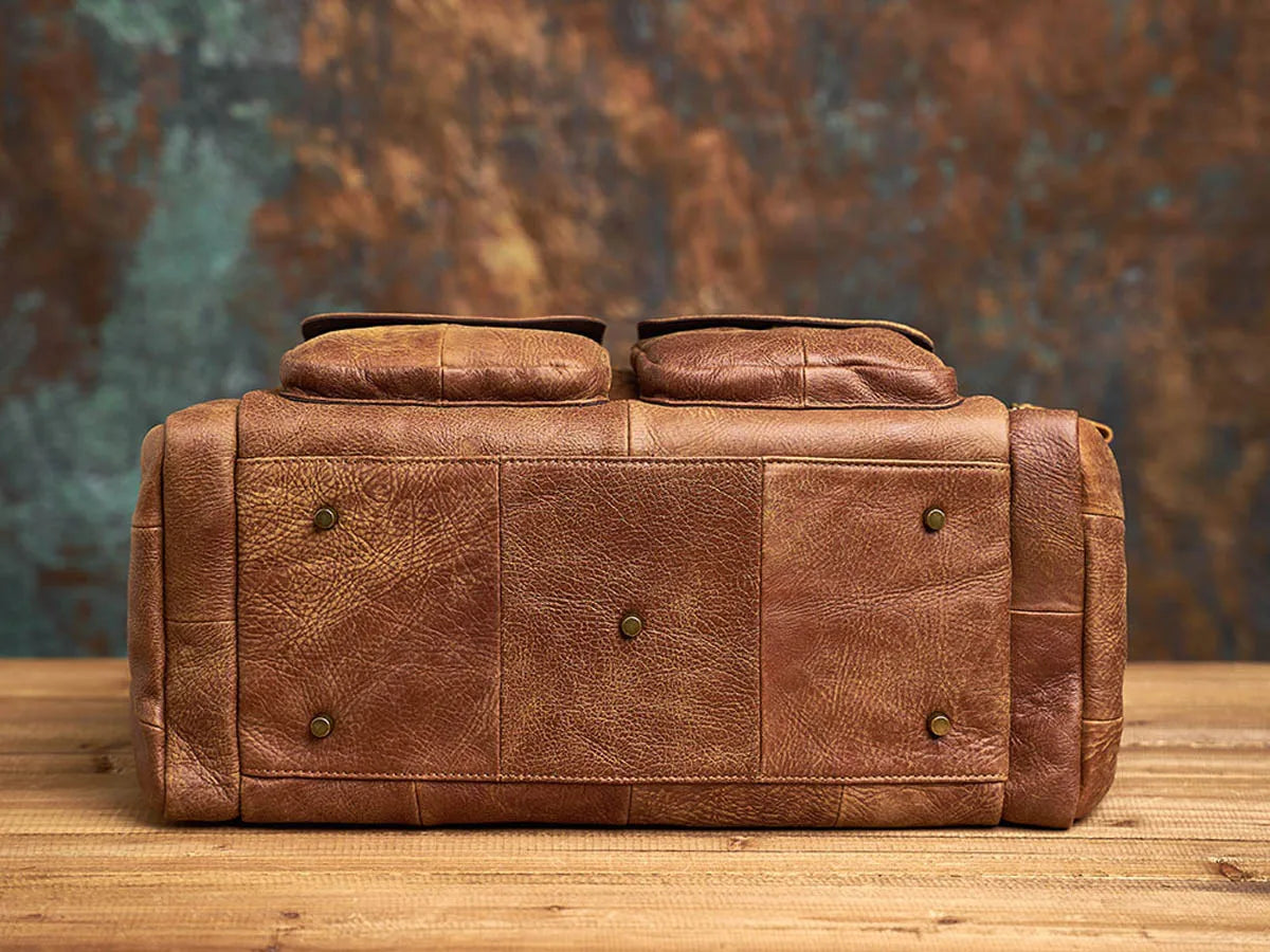 brown genuine leather duffle bag