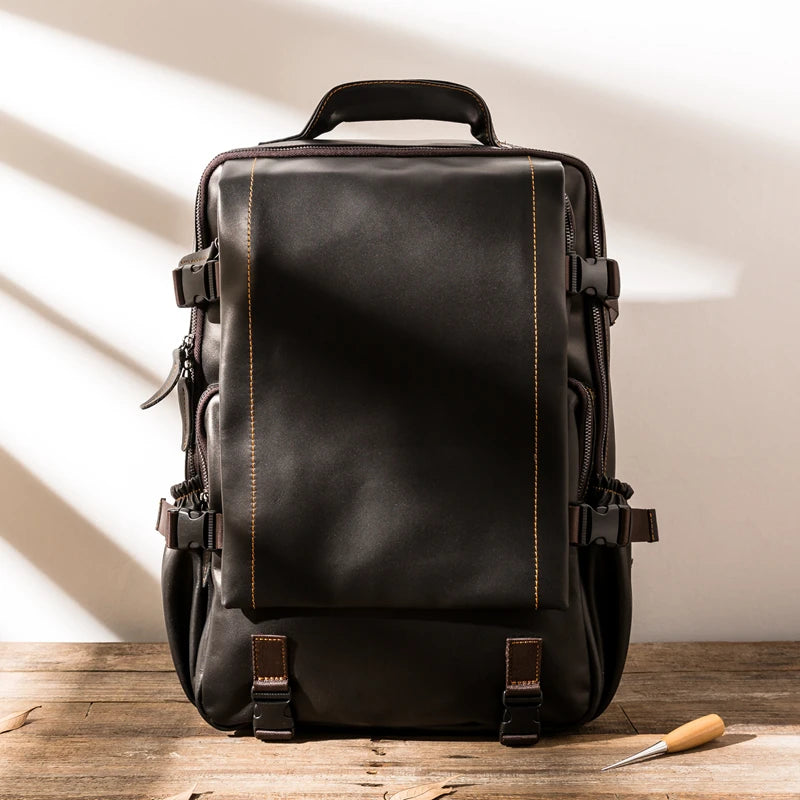 black genuine leather backpack laptop bag