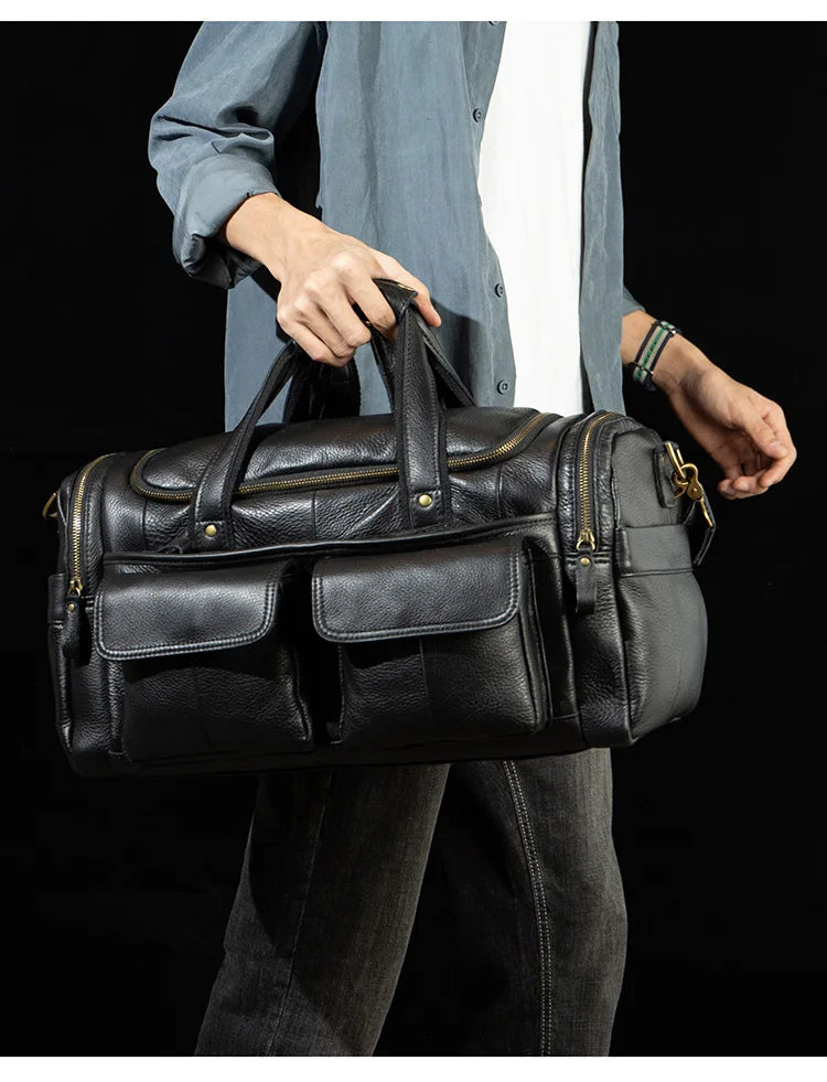 black genuine leather men gym bag