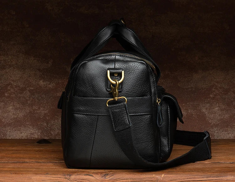 black genuine leather men weekend bag